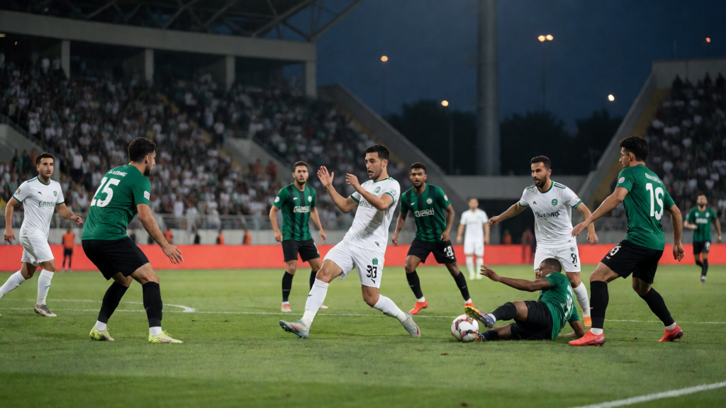 Al Kholood ve Al Shabab futbolcuları Pro League maçında mücadele ederken