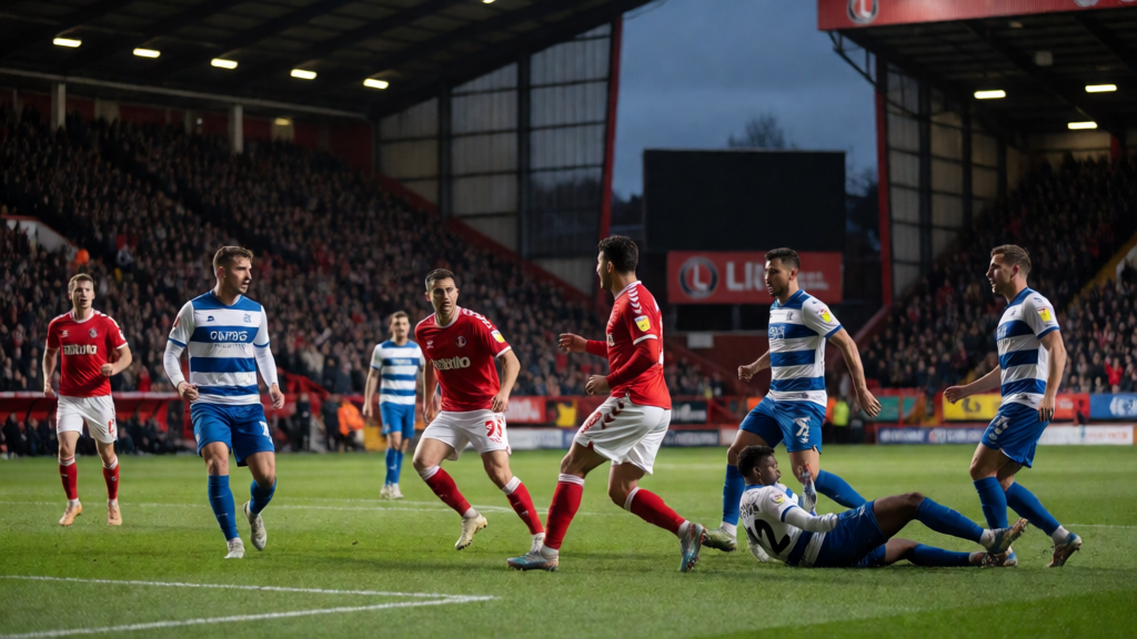 Charlton Athletic ve Queens Park Rangers takımlarının sahada mücadele ettiği bir an