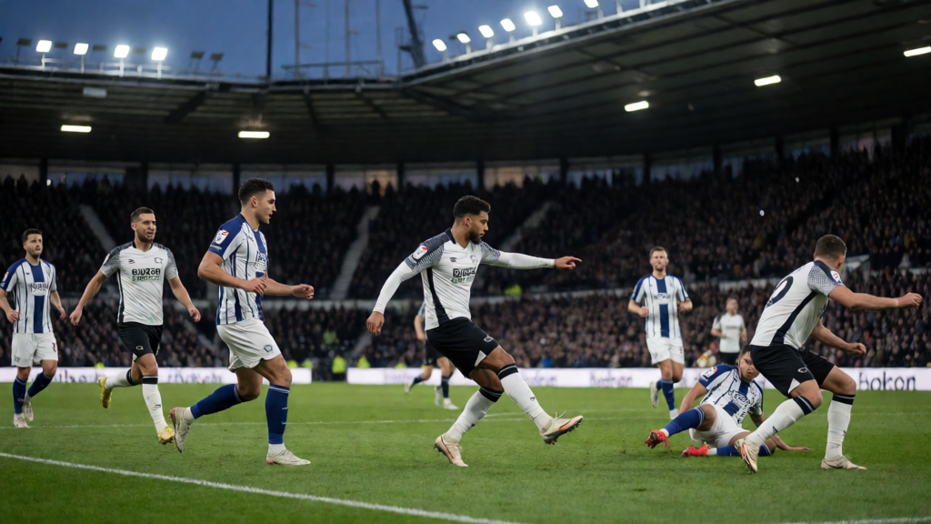 Derby County ve West Bromwich Albion futbolcuları Championship maçında mücadele ederken