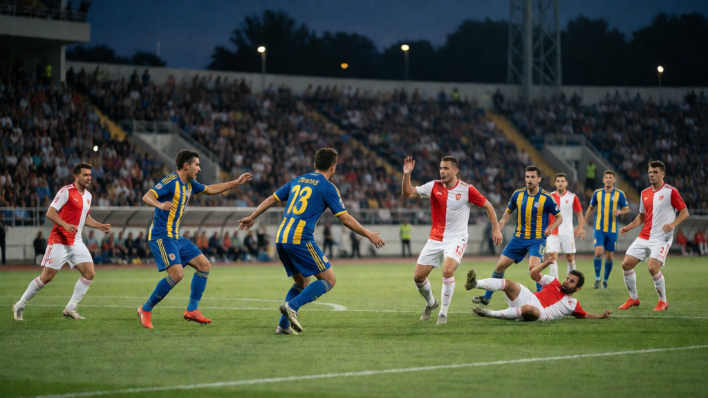 Dunav 2010 ve Slavia Sofia futbolcuları maç sırasında mücadele ederken