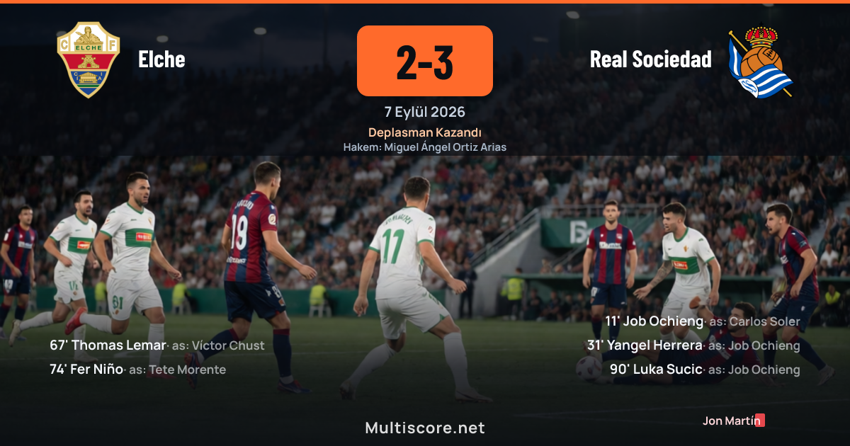 Elche ve Real Sociedad futbolcuları mücadele sırasında
