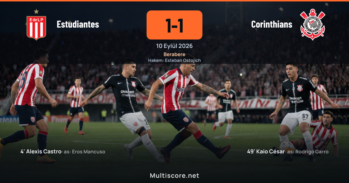 Estudiantes ve Corinthians futbolcuları maç sırasında mücadele ederken