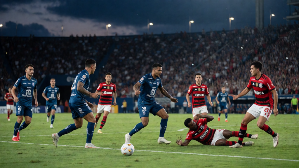 Independiente del Valle ve Flamengo futbolcuları Copa Libertadores maçında mücadele ederken