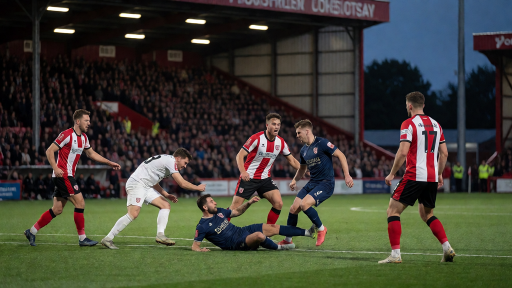 Mangotsfield United ve Gloucester City futbolcuları FA Cup maçı için sahada
