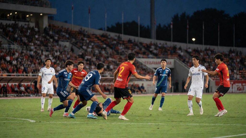 Nagoya Grampus ve Machida Zelvia futbolcuları J1 League maçında karşı karşıya
