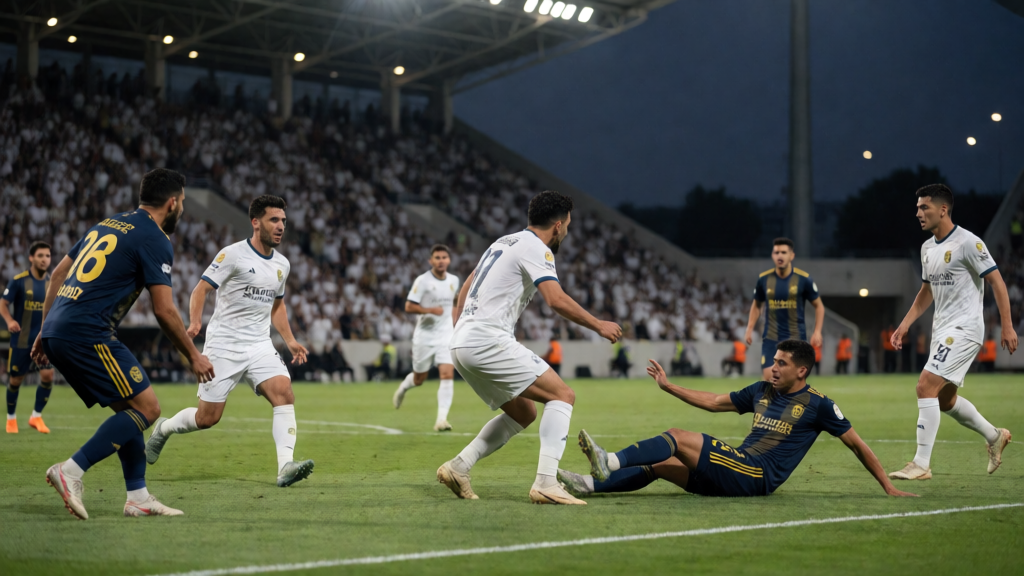 NEOM SC ve Al Khaleej futbolcuları Pro League maçında mücadele ederken