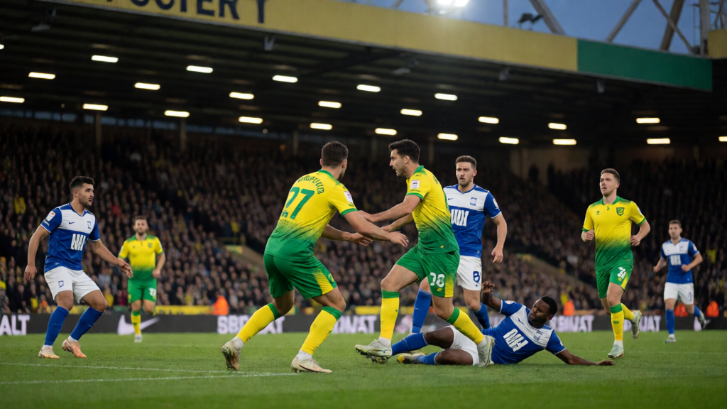 Norwich City ve Birmingham City futbolcuları Championship maçında mücadele ederken
