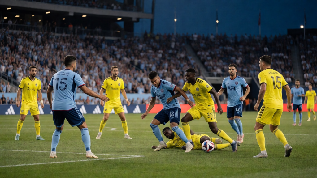 New York City FC ve Nashville SC oyuncuları MLS maçında mücadele ederken