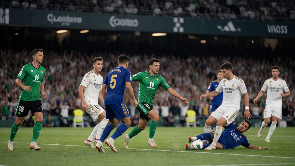 Real Betis ve Real Madrid futbolcuları La Liga maçında mücadele ederken stadyum görünümü