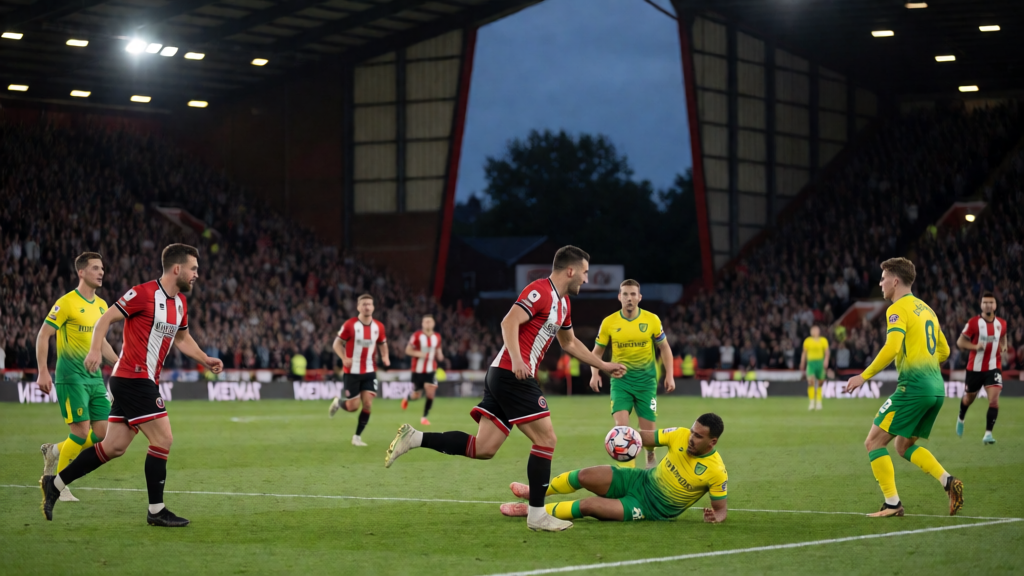 Sheffield United ve Norwich City oyuncuları Championship maçında mücadele ederken