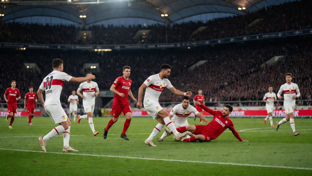 VfB Stuttgart ve FC Köln futbolcuları Bundesliga maçında mücadele ederken