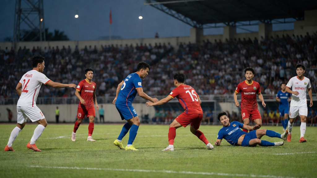 Thể Công-Viettel ve Công an Hà Nội futbolcuları maç öncesi sahada