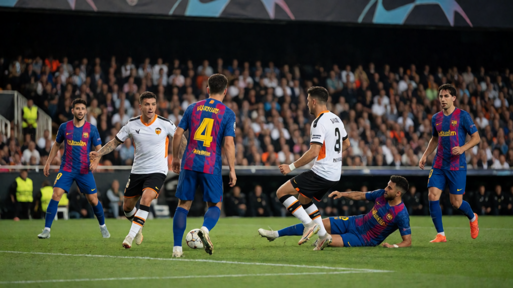 Valencia ve Barcelona futbolcuları Mestalla Stadyumu'nda mücadele ederken