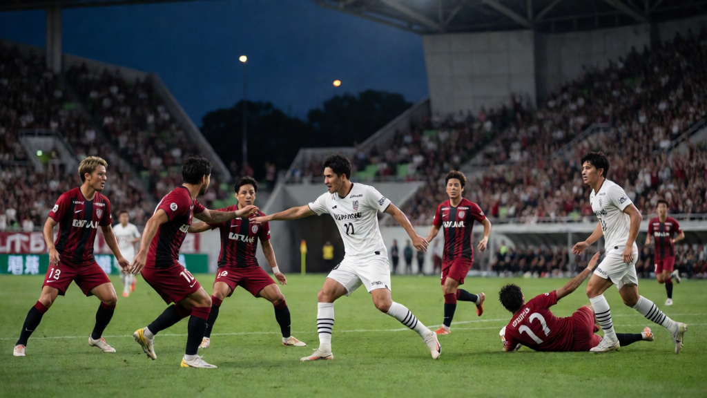 Vissel Kobe ve Kashima Antlers futbolcuları J1 League maçında mücadele ederken