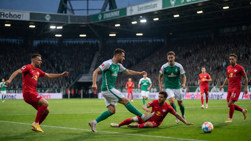Werder Bremen ve RB Leipzig futbolcuları Bundesliga maçında mücadele ediyor